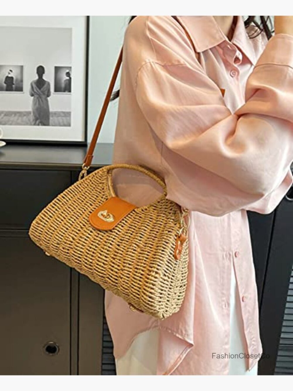 Straw Handwoven Top-Handle Crossbody Tote Clutch Bag for Travel - Picture 3 of 6